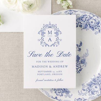 Elegant Blue Chinoiserie Monogram Crest Wedding Save The Date Card | Corjl Template
