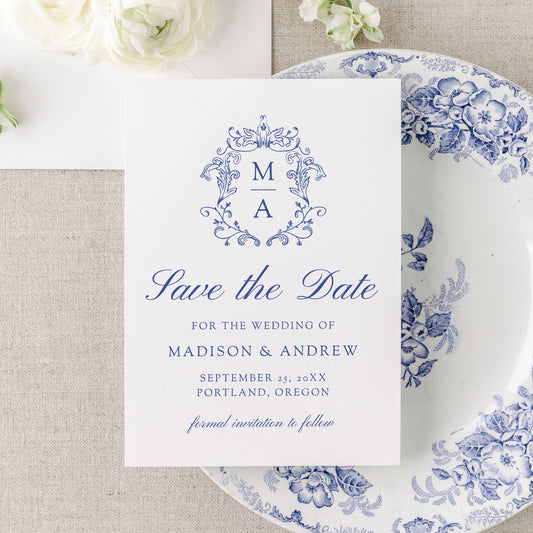 Elegant Blue Chinoiserie Monogram Crest Wedding Save The Date Card | Corjl Template