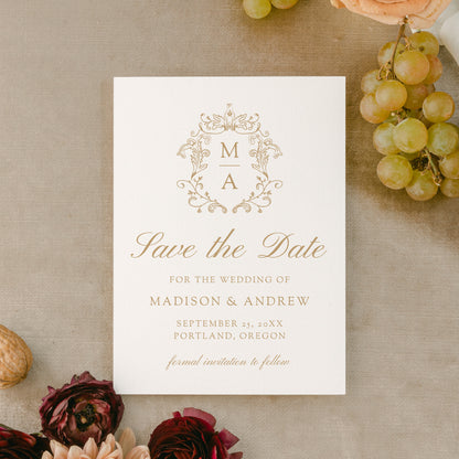 Elegant Gold Chinoiserie Monogram Crest Wedding Save The Date Card | Corjl Template