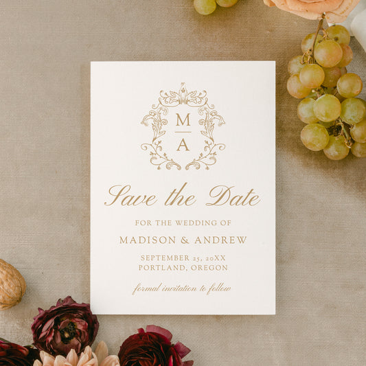 Elegant Gold Chinoiserie Monogram Crest Wedding Save The Date Card | Corjl Template