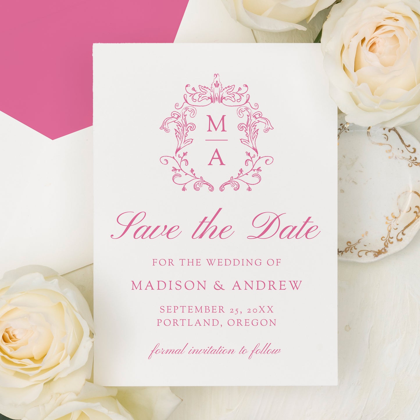 Elegant Pink Chinoiserie Monogram Crest Wedding Save The Date Card | Corjl Template