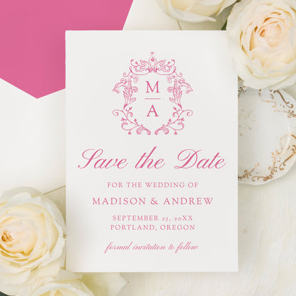 Elegant Pink Chinoiserie Monogram Crest Wedding Save The Date Card | Corjl Template