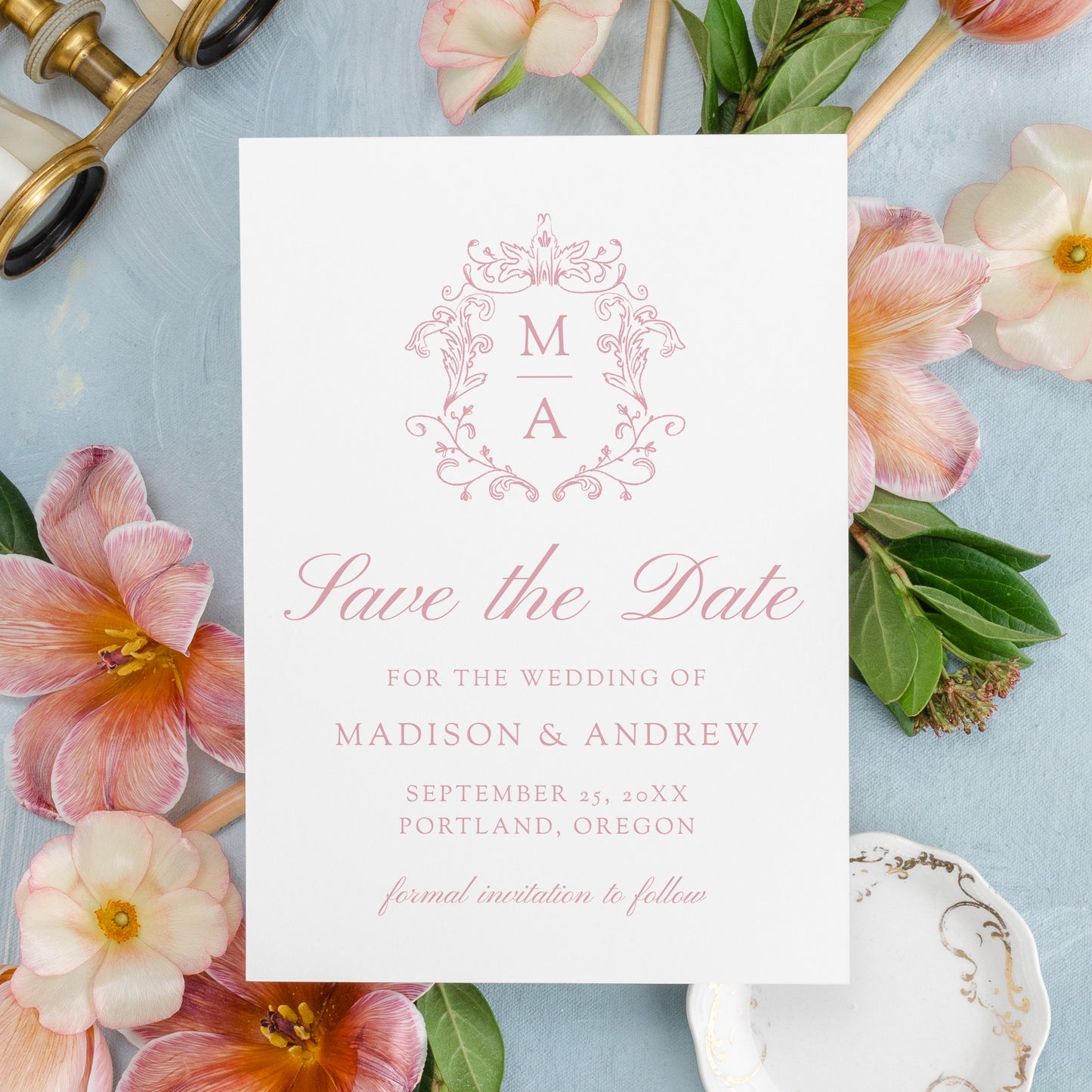 Elegant Rose Pink Chinoiserie Crest Wedding Save The Date Card | Corjl Template