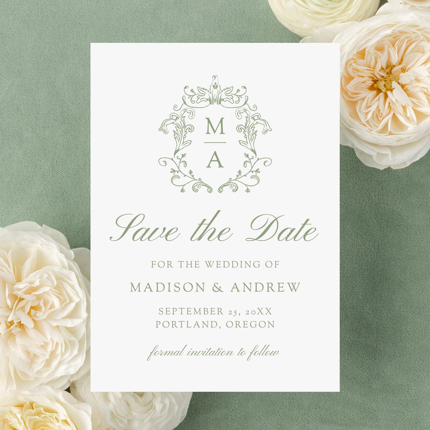 Elegant Sage Green Chinoiserie Monogram Crest Wedding Save the Date Card | Corjl Template