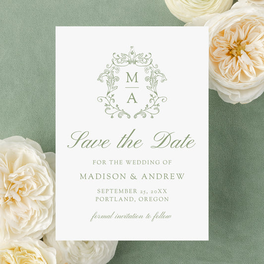Elegant Sage Green Chinoiserie Monogram Crest Wedding Save the Date Card | Corjl Template