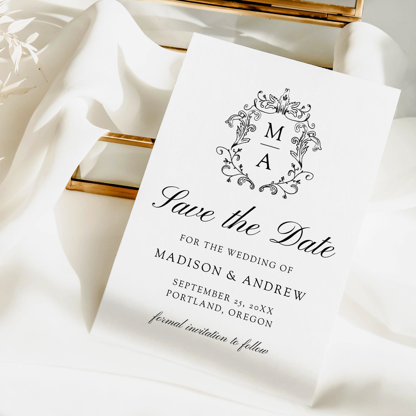 Elegant Black Chinoiserie Monogram Crest Wedding Save the Date Card | Corjl Template