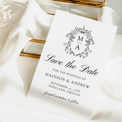 Elegant Black Chinoiserie Monogram Crest Wedding Save the Date Card | Corjl Template