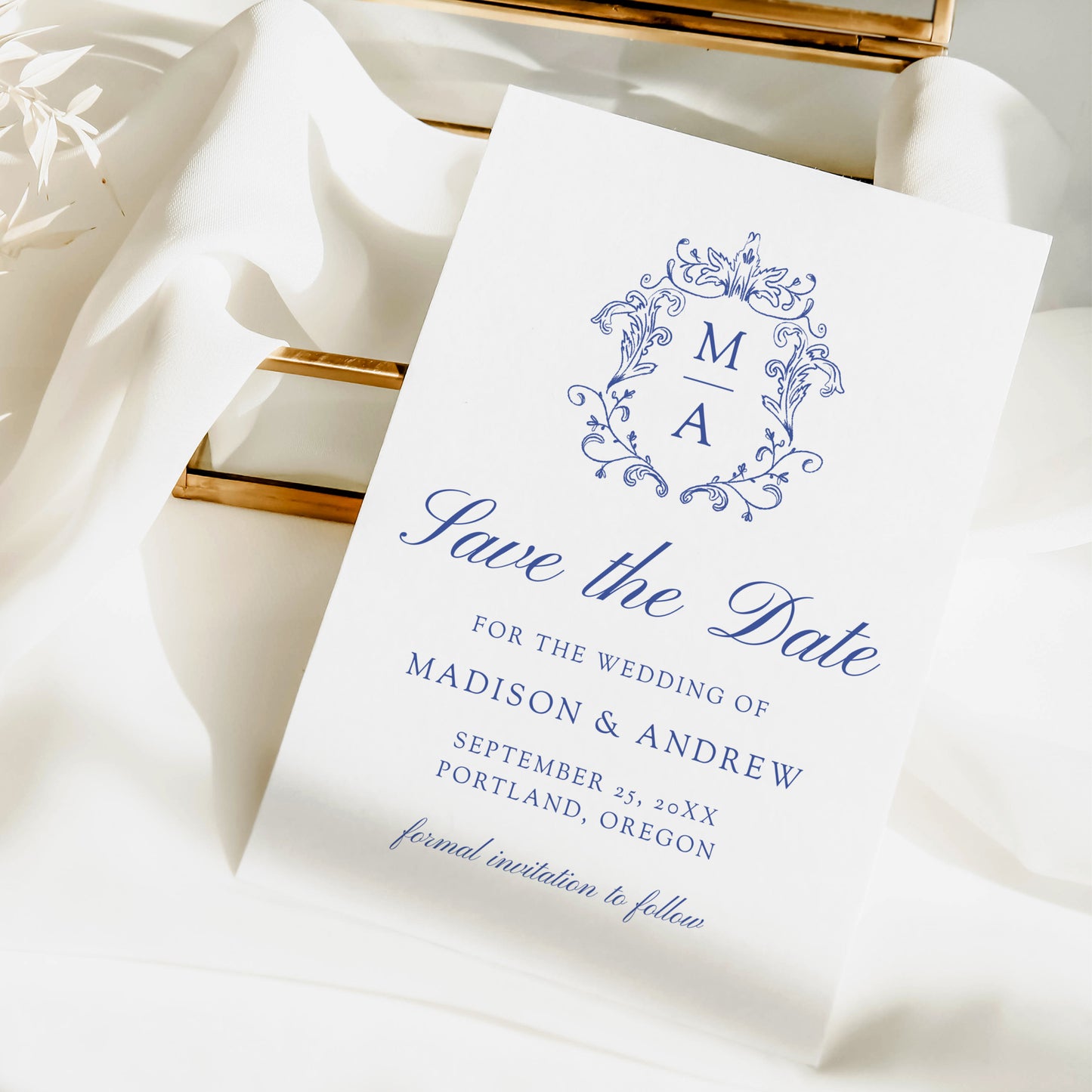 Elegant Blue Chinoiserie Monogram Crest Wedding Save The Date Card | Corjl Template