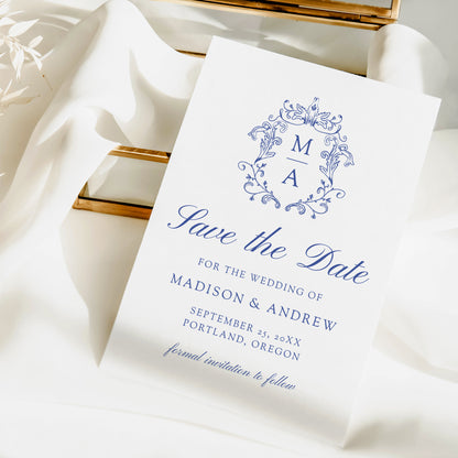 Elegant Blue Chinoiserie Monogram Crest Wedding Save The Date Card | Corjl Template