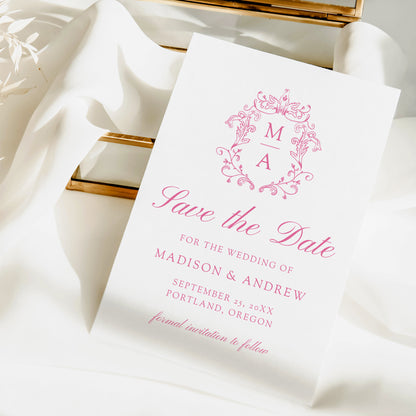 Elegant Pink Chinoiserie Monogram Crest Wedding Save The Date Card | Corjl Template