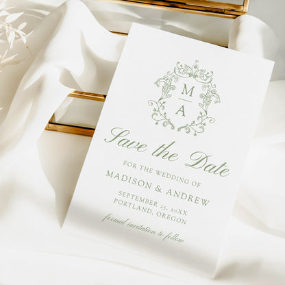 Elegant Sage Green Chinoiserie Monogram Crest Wedding Save the Date Card | Corjl Template