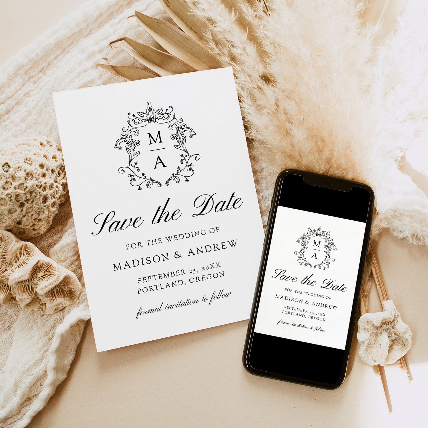 Elegant Black Chinoiserie Monogram Crest Wedding Save the Date Card | Corjl Template