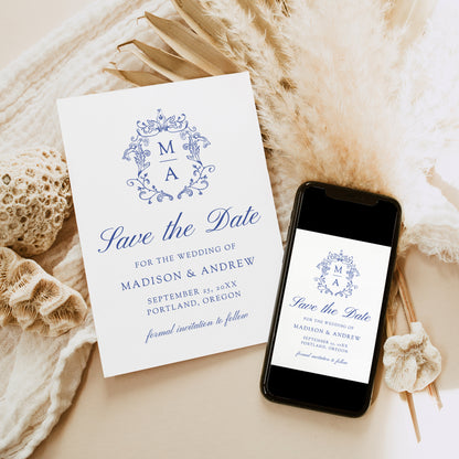 Elegant Blue Chinoiserie Monogram Crest Wedding Save The Date Card | Corjl Template