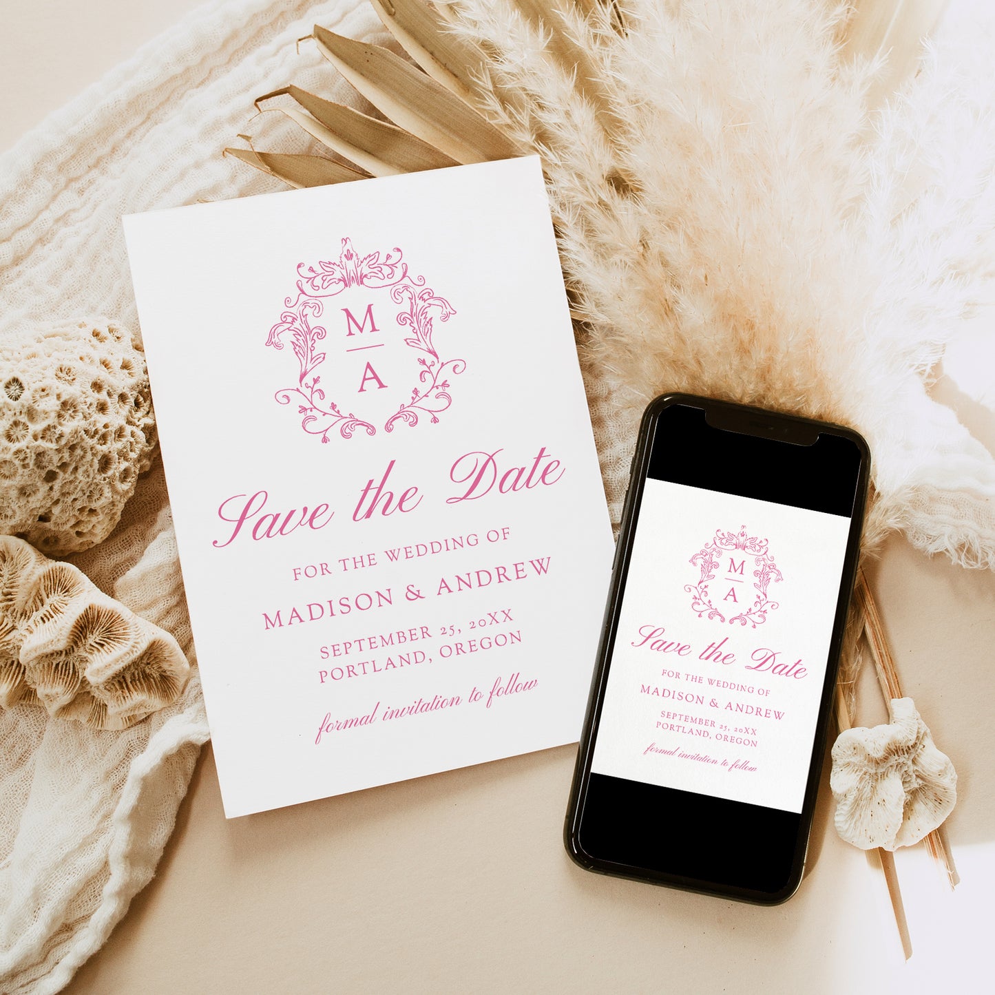 Elegant Pink Chinoiserie Monogram Crest Wedding Save The Date Card | Corjl Template