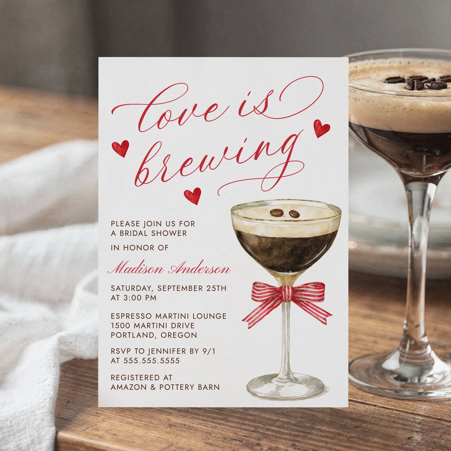 Love Is Brewing Espresso Martini Bridal Shower Invitation | Corjl Template