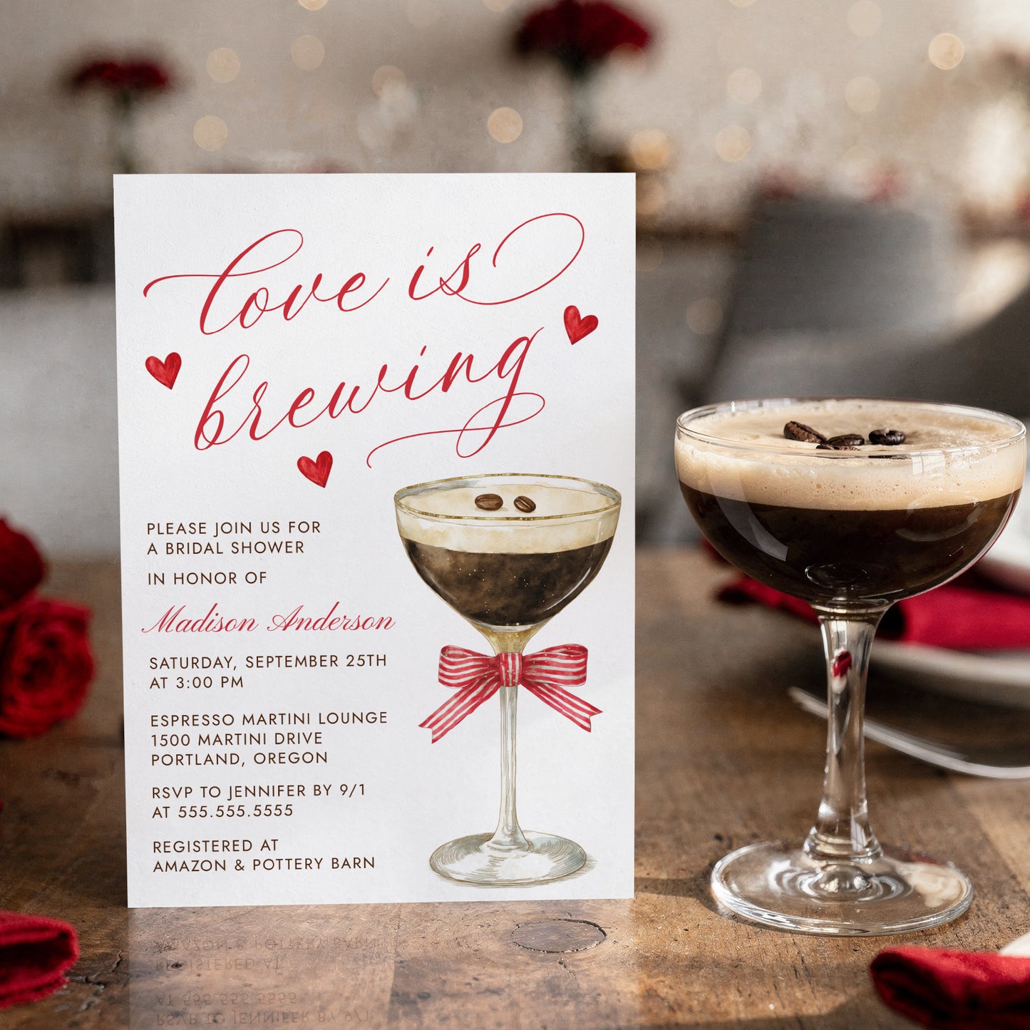 Love Is Brewing Espresso Martini Bridal Shower Invitation | Corjl Template