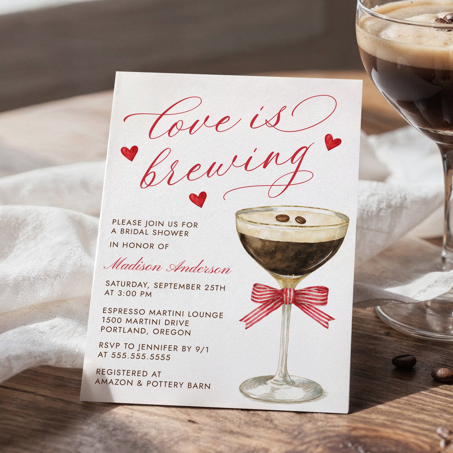 Love Is Brewing Espresso Martini Bridal Shower Invitation | Corjl Template