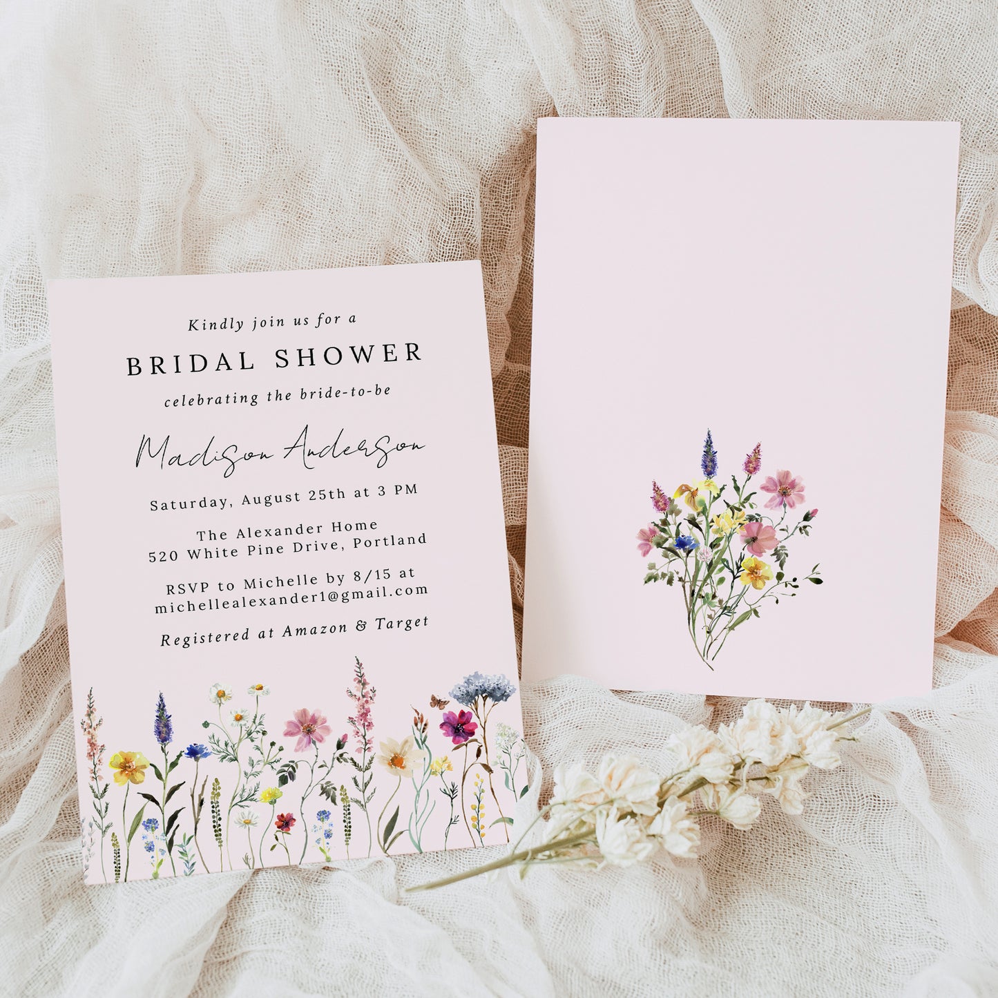 Elegant Wildflower Meadow Blush Pink Bridal Shower Invitation | Corjl Template