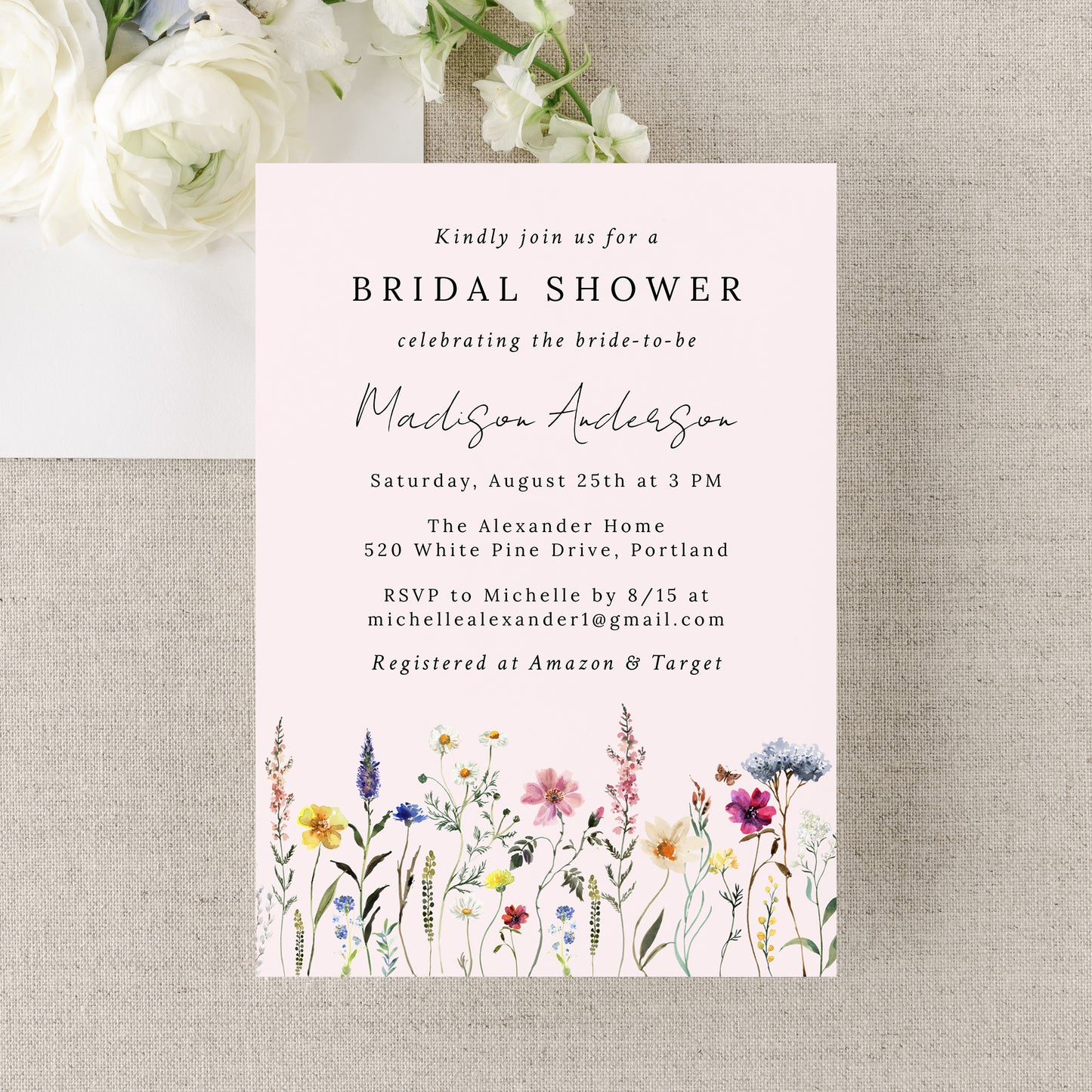 Elegant Wildflower Meadow Blush Pink Bridal Shower Invitation | Corjl Template