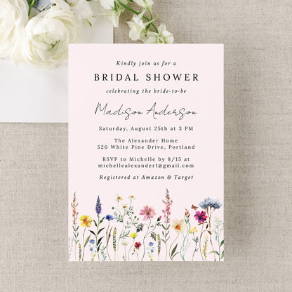 Elegant Wildflower Meadow Blush Pink Bridal Shower Invitation | Corjl Template