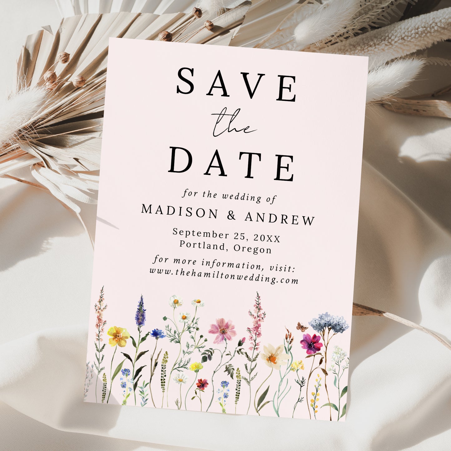Elegant Wildflower Meadow Blush Pink Wedding Save The Date Card | Corjl Template