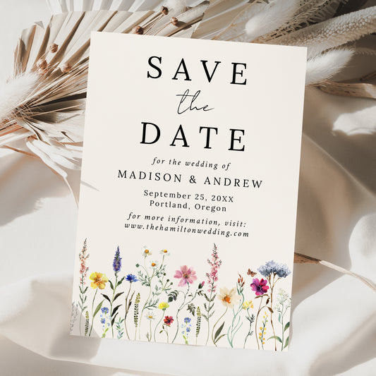 Elegant Wildflower Meadow Cream Wedding Save The Date Card | Corjl Template