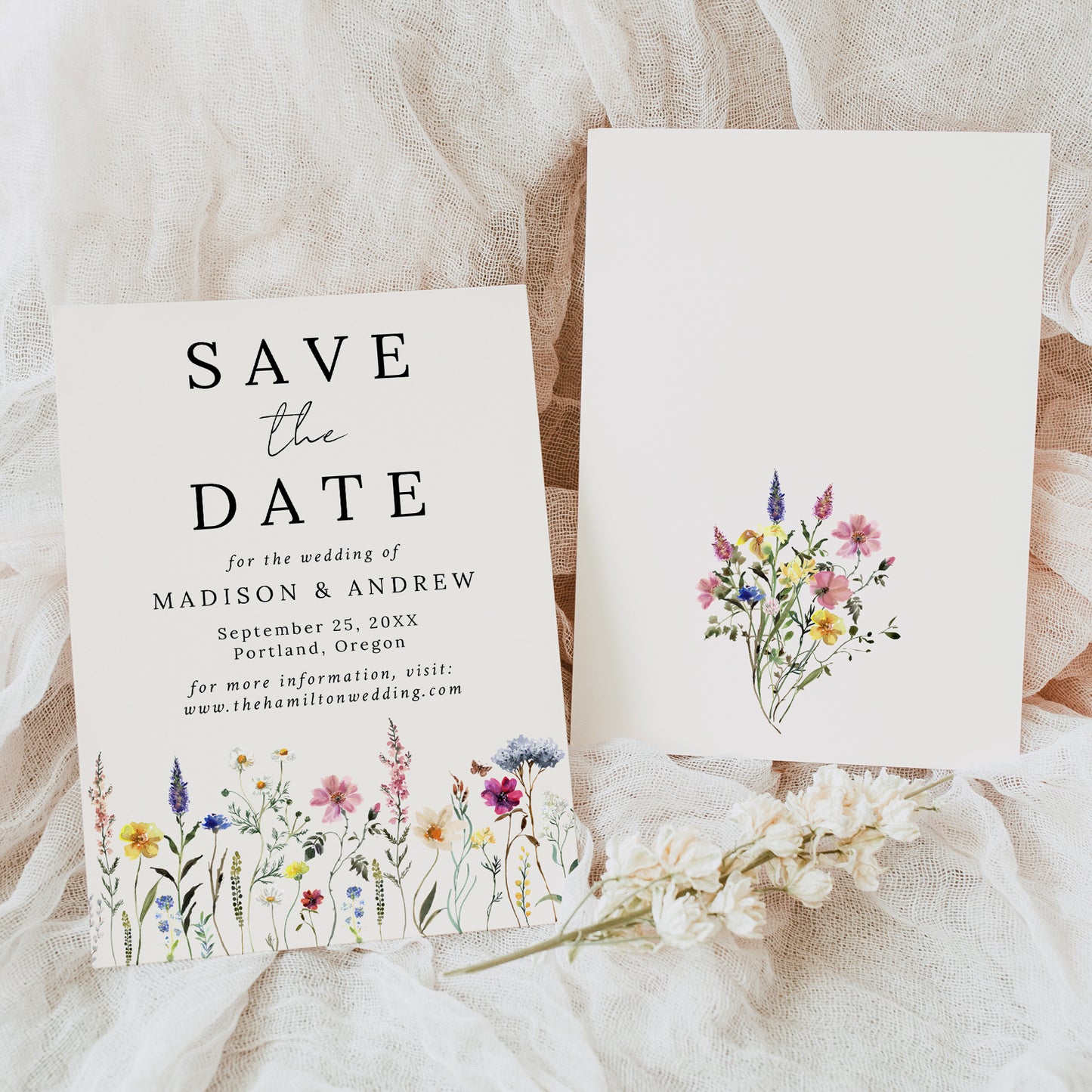 Elegant Wildflower Meadow Cream Wedding Save The Date Card | Corjl Template