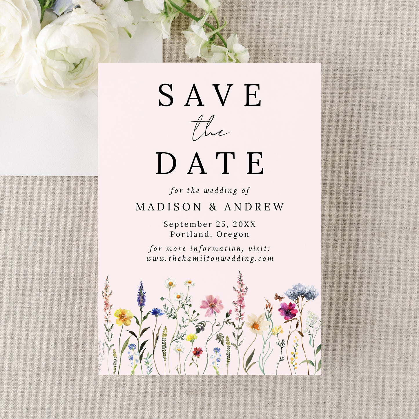 Elegant Wildflower Meadow Blush Pink Wedding Save The Date Card | Corjl Template