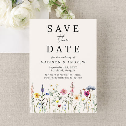Elegant Wildflower Meadow Cream Wedding Save The Date Card | Corjl Template