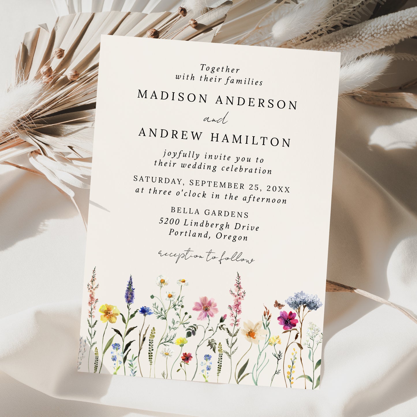 Elegant Wildflower Meadow Cream Wedding Invitation | Corjl Template