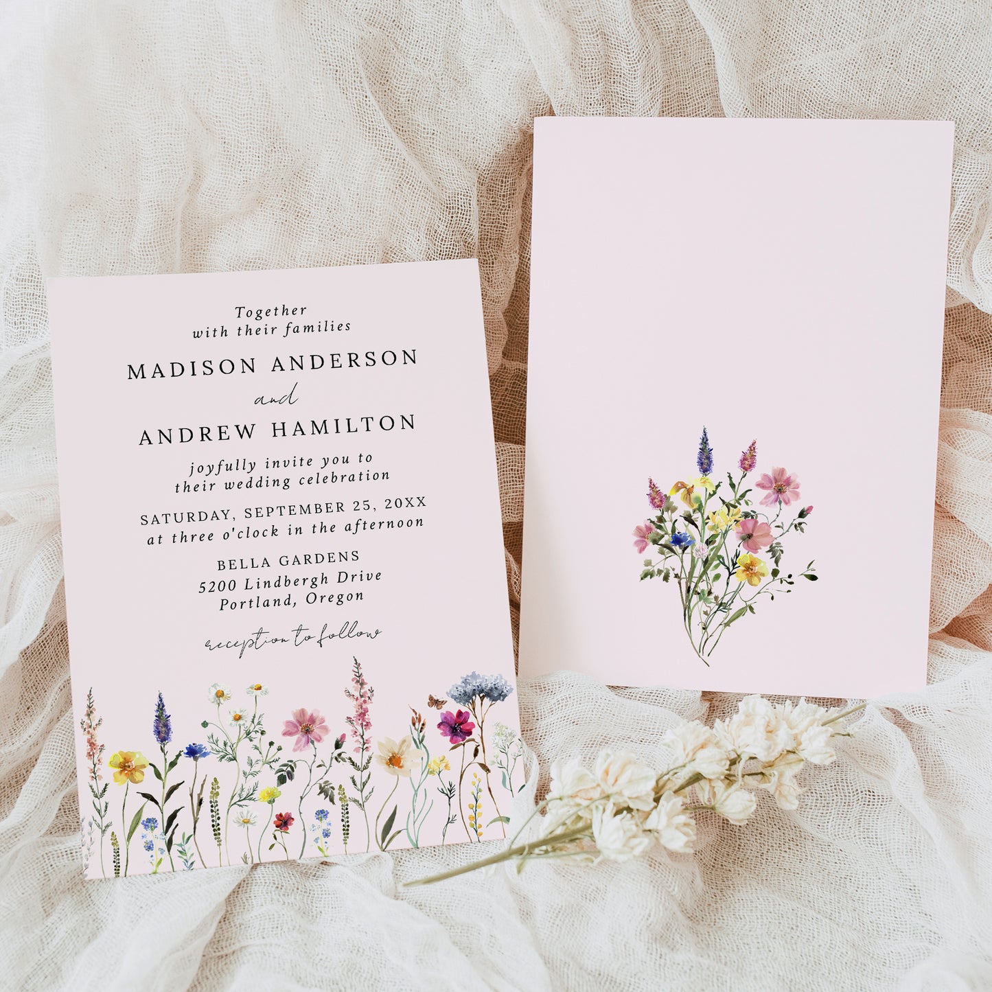 Elegant Wildflower Meadow Blush Pink Wedding Invitation | Corjl Listing