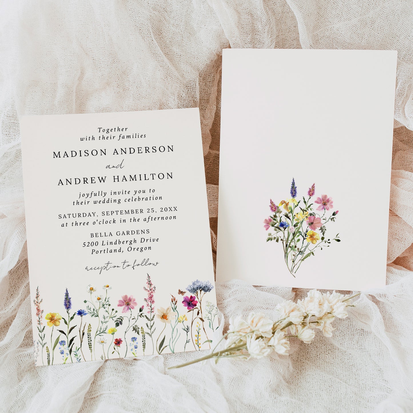 Elegant Wildflower Meadow Cream Wedding Invitation | Corjl Template