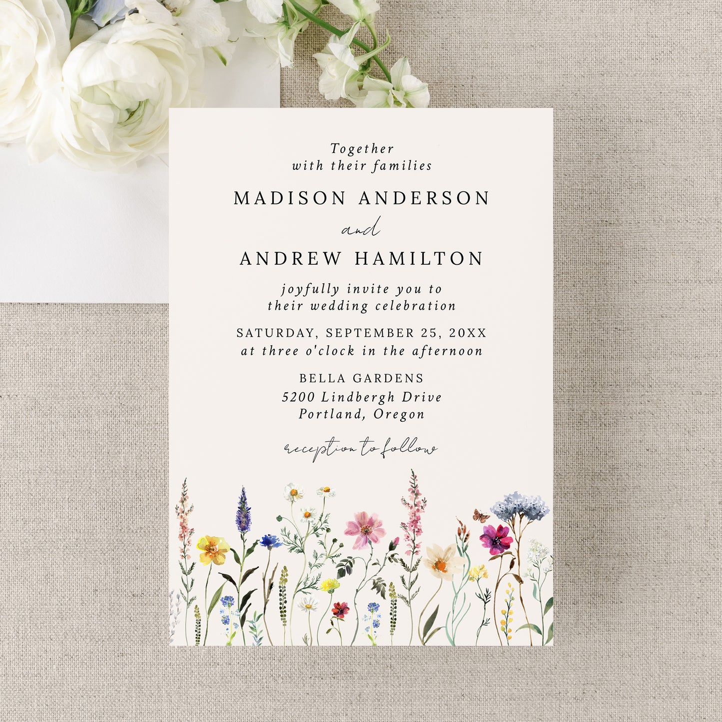 Elegant Wildflower Meadow Cream Wedding Invitation | Corjl Template
