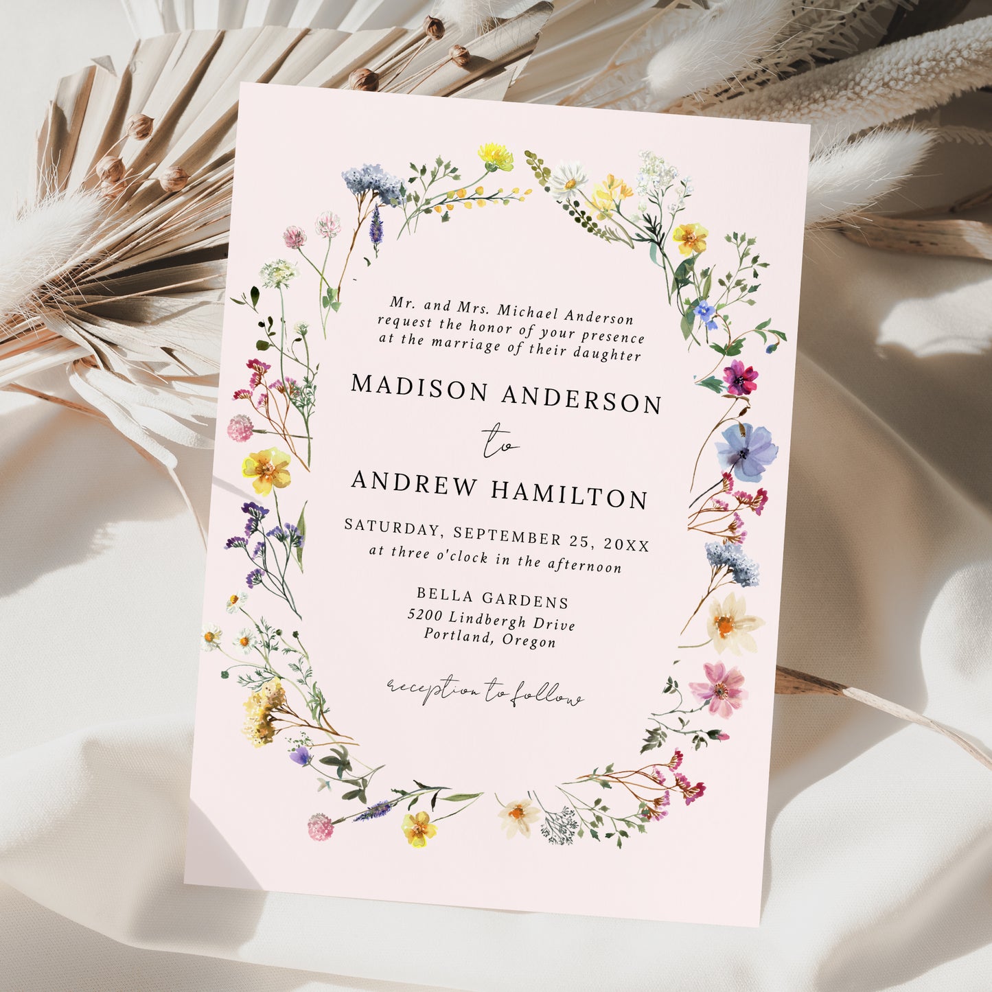 Elegant Wildflower Meadow Wreath Blush Pink Wedding Invitation | Corjl Template