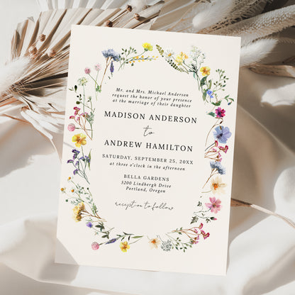 Elegant Wildflower Meadow Wreath Cream Wedding Invitation | Corjl Template