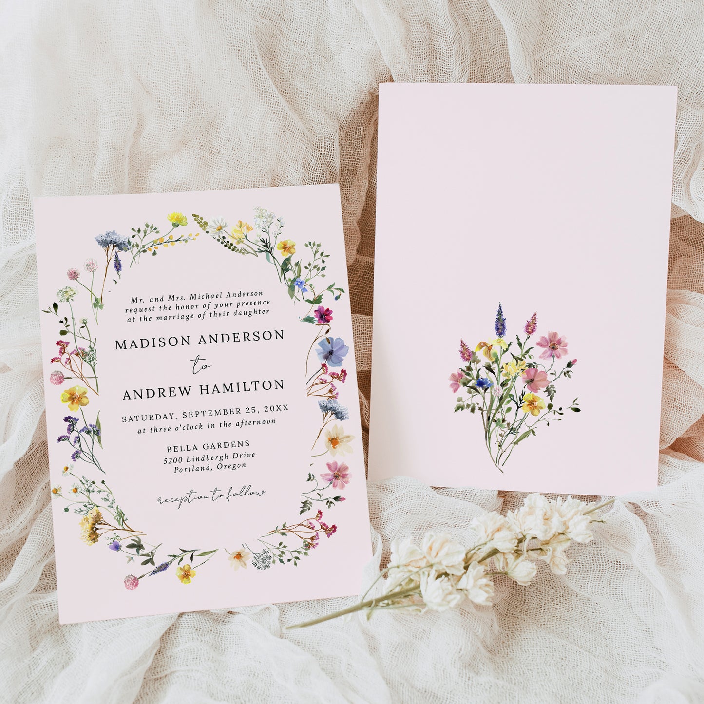 Elegant Wildflower Meadow Wreath Blush Pink Wedding Invitation | Corjl Template