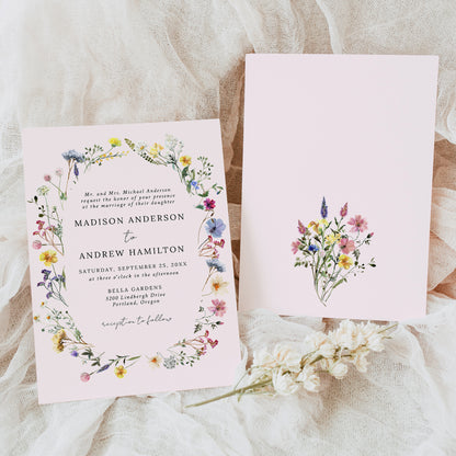 Elegant Wildflower Meadow Wreath Blush Pink Wedding Invitation | Corjl Template