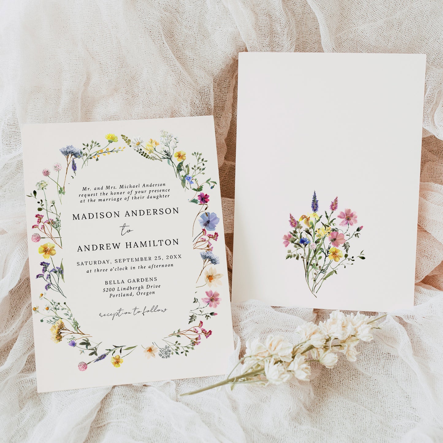 Elegant Wildflower Meadow Wreath Cream Wedding Invitation | Corjl Template