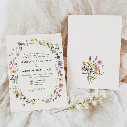 Elegant Wildflower Meadow Wreath Cream Wedding Invitation | Corjl Template