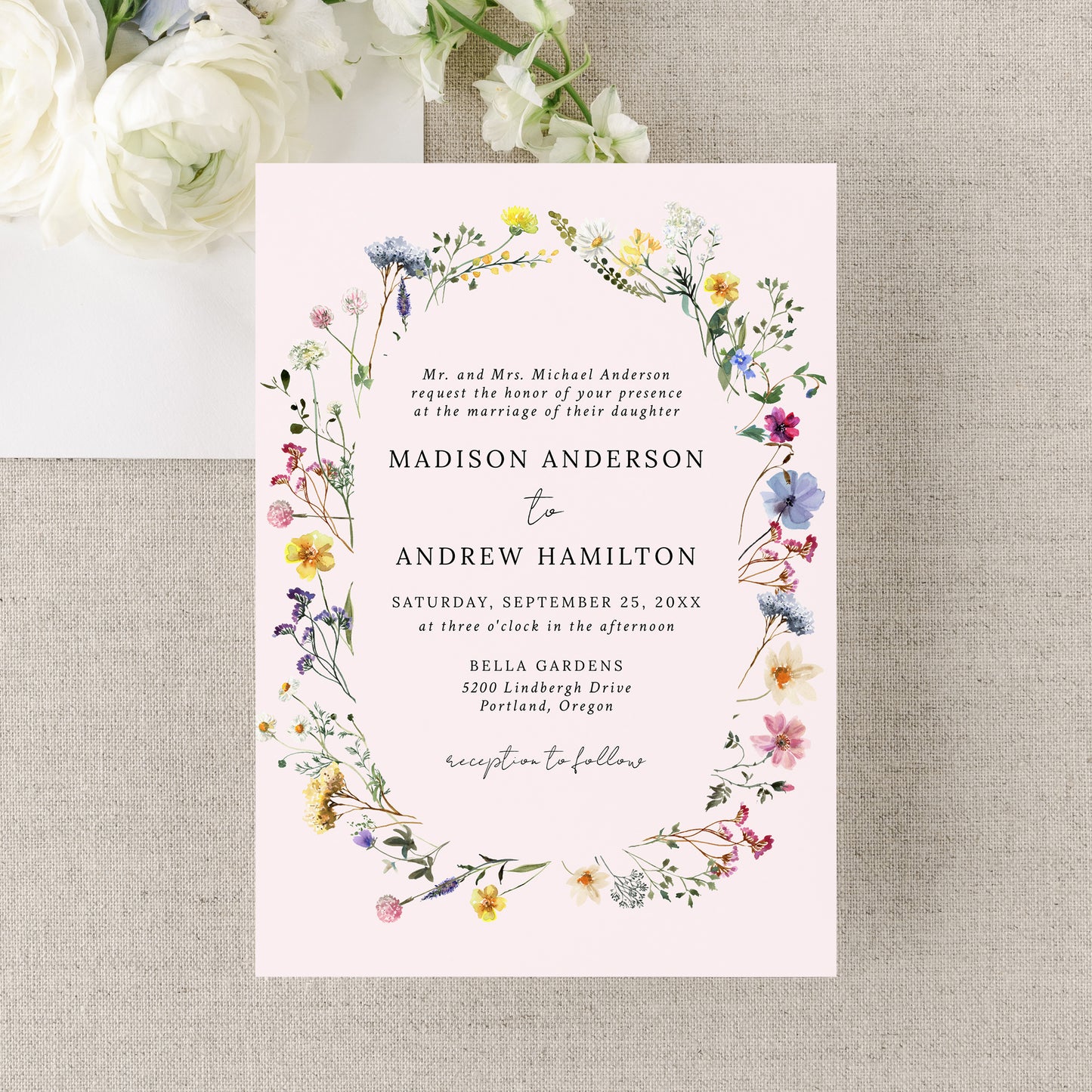 Elegant Wildflower Meadow Wreath Blush Pink Wedding Invitation | Corjl Template