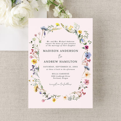 Elegant Wildflower Meadow Wreath Blush Pink Wedding Invitation | Corjl Template