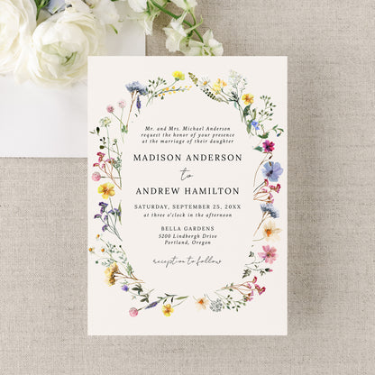 Elegant Wildflower Meadow Wreath Cream Wedding Invitation | Corjl Template