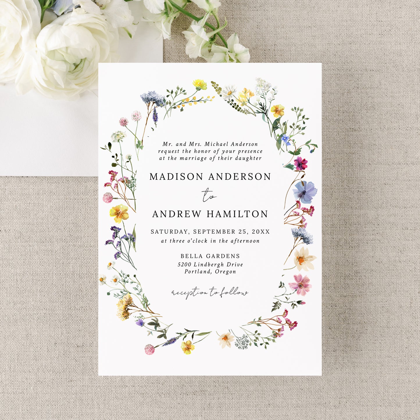 Elegant Wildflower Meadow Wreath Wedding Invitation | Corjl Listing