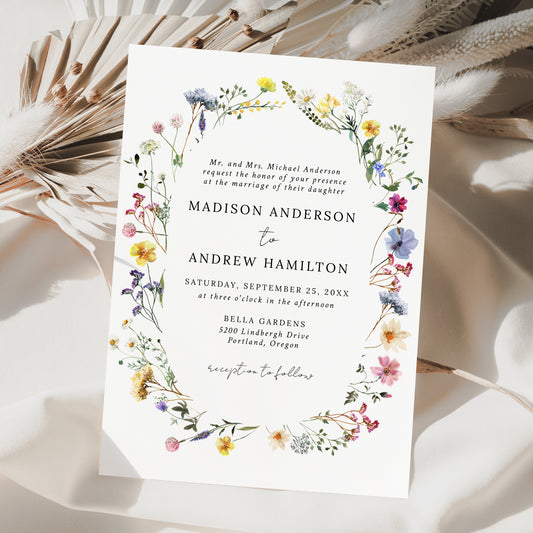 Elegant Wildflower Meadow Wreath Wedding Invitation | Corjl Listing