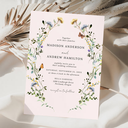 Elegant Wildflower Meadow Wreath Blush Pink Wedding Invitation | Corjl Template