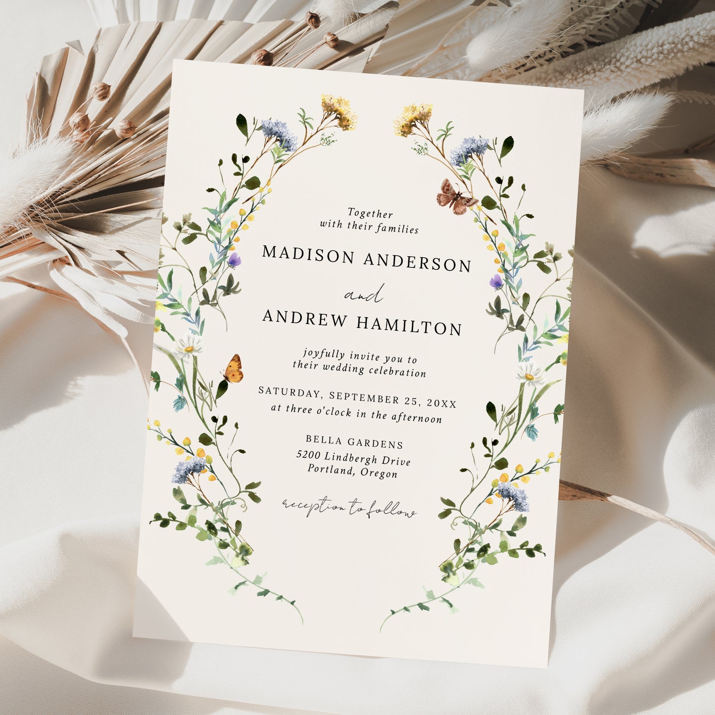 Elegant Wildflower Meadow Wreath Cream Wedding Invitation | Corjl Template