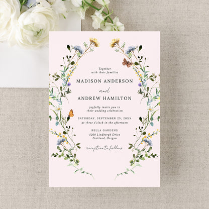 Elegant Wildflower Meadow Wreath Blush Pink Wedding Invitation | Corjl Template