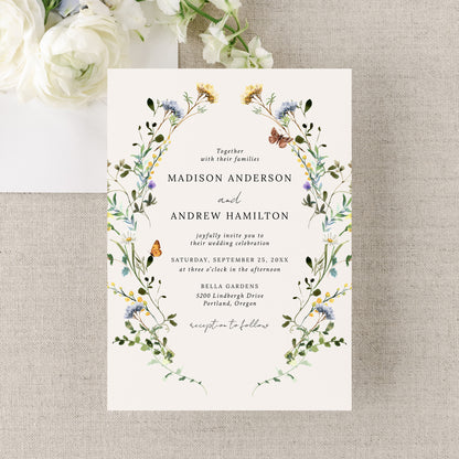 Elegant Wildflower Meadow Wreath Cream Wedding Invitation | Corjl Template
