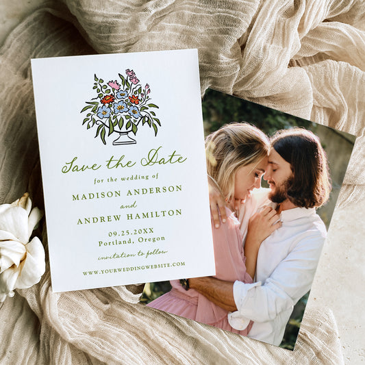 Elegant Tuscan Sunset Blooms Photo Save The Date Card | Corjl Template