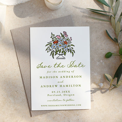 Elegant Tuscan Sunset Blooms Photo Save The Date Card | Corjl Template